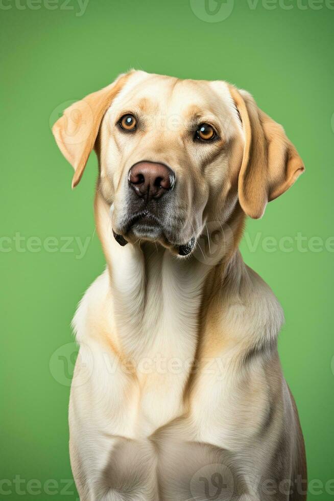 AI generated portrait of labrador retriever dog sitting on a green background, studio photo. photo