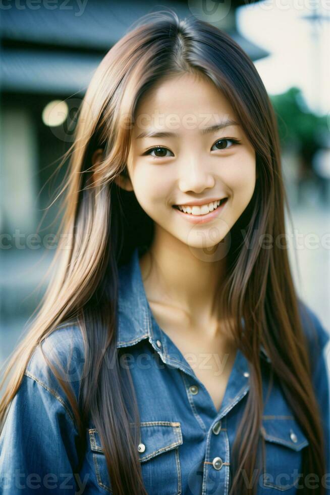 AI generated a young asian woman in a denim shirt photo