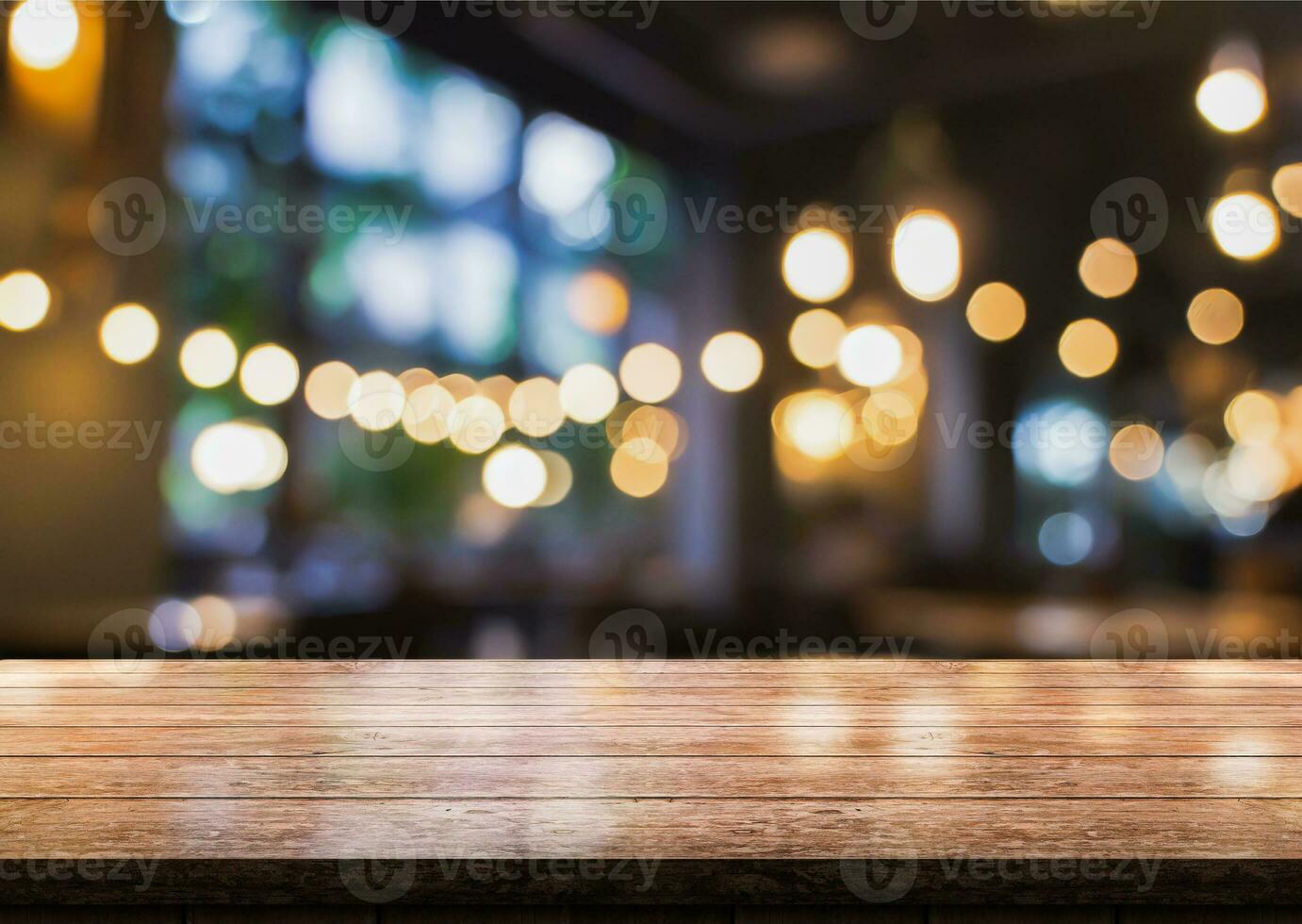 AI generated Empty wooden table top with lights bokeh on blur restaurant background. photo