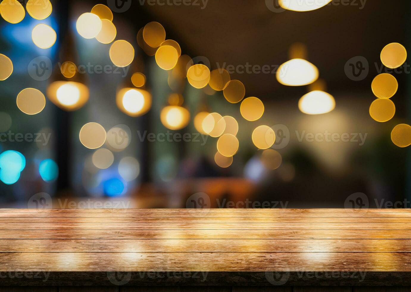 AI generated Empty wooden table top with lights bokeh on blur restaurant background. photo