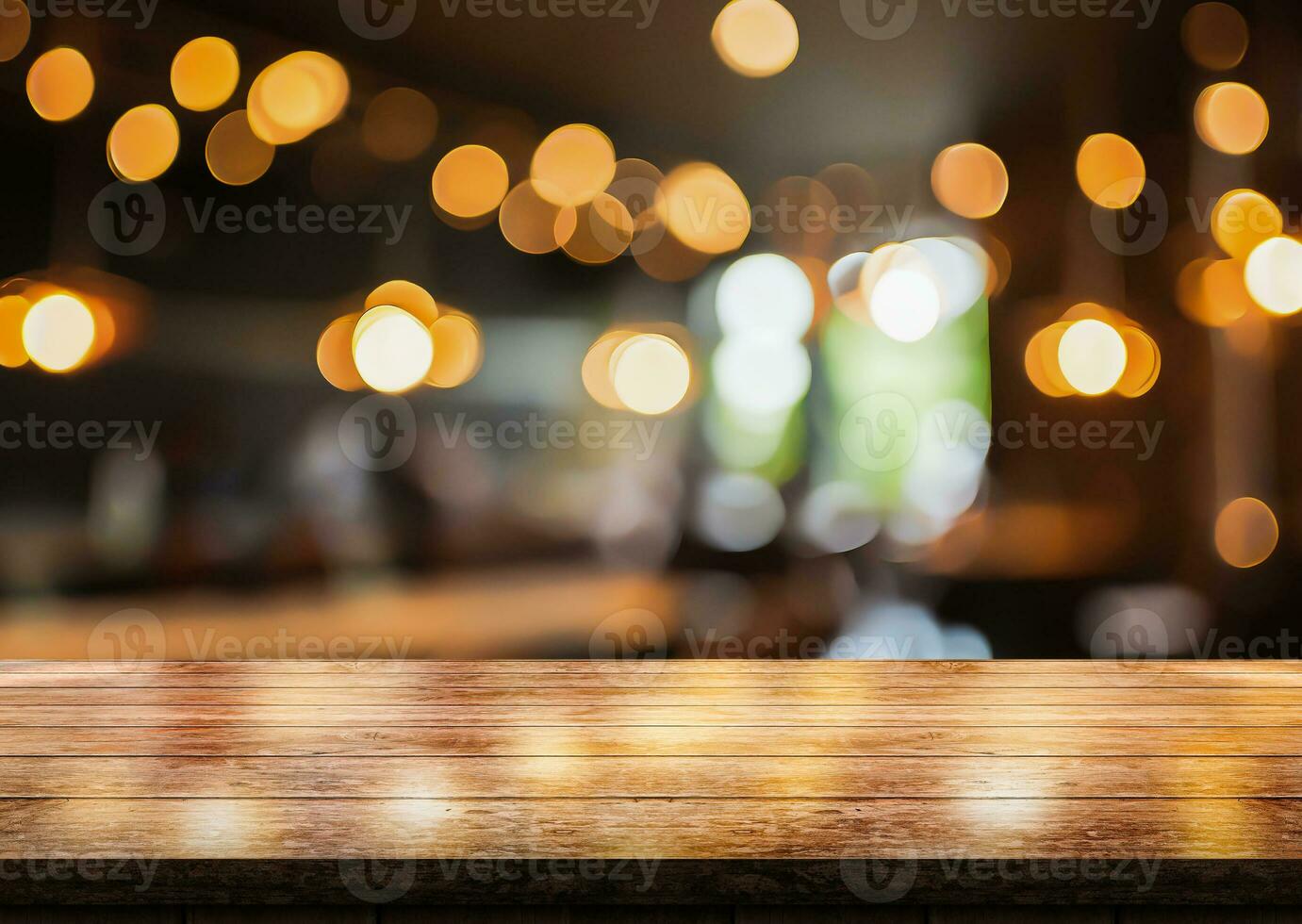 AI generated Empty wooden table top with lights bokeh on blur restaurant background. photo