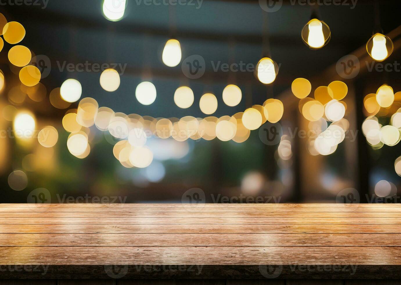 AI generated Empty wooden table top with lights bokeh on blur restaurant background. photo