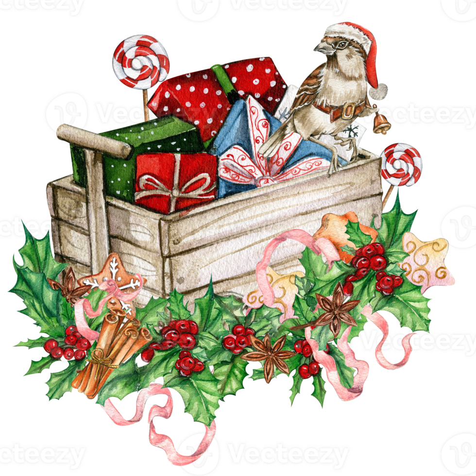 Christmas gifts in the wooden cart. png