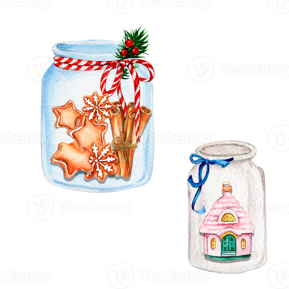 Christmas composition with glass bottle with gingerbread inside. png
