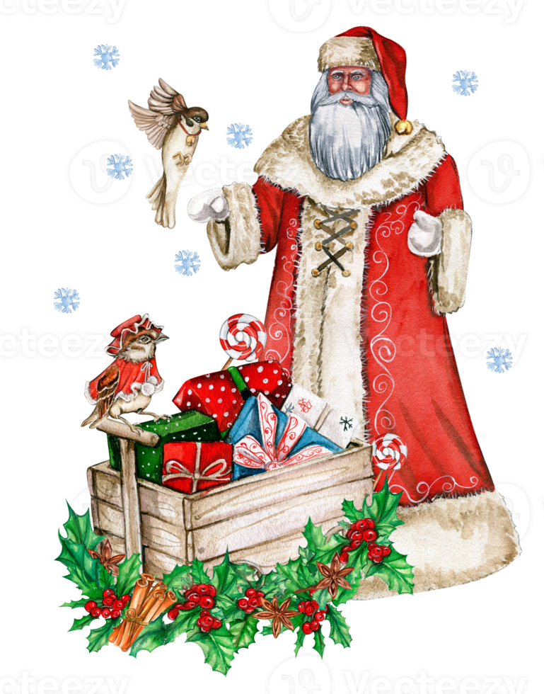 Watercolor illustration of Santa Claus and cart with Christmas gifts. png