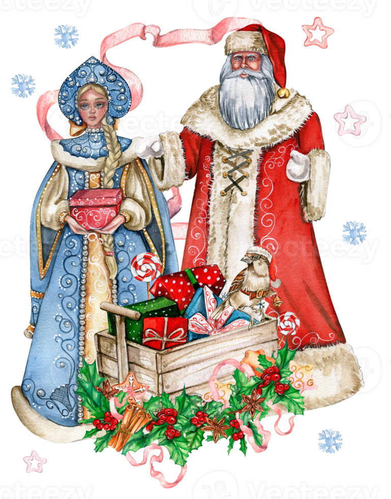 Watercolor illustration of Santa Claus ,Snow maiden and cart with Christmas gifts. png