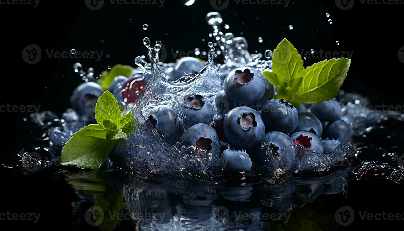 AI generated Blueberries and Cherries in Water Splash on a Dark Blue Background. photo