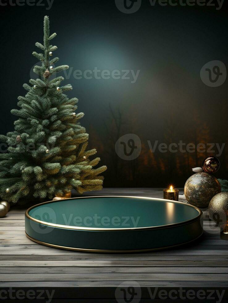 AI generated Christmas Scene With Podium and Christmas Tree photo
