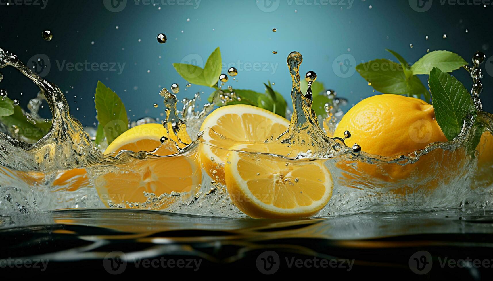 AI generated Lemon and Mint in Water Splash on a Dark Blue Background photo