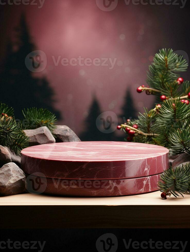 AI generated Christmas Background With Podium and Fir Branches. photo