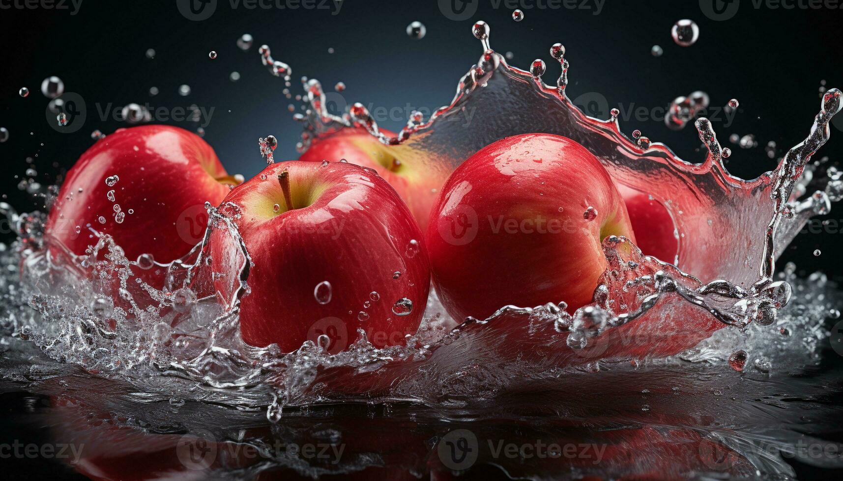 ai generado Fresco rojo manzanas con agua chapoteo en un negro antecedentes foto