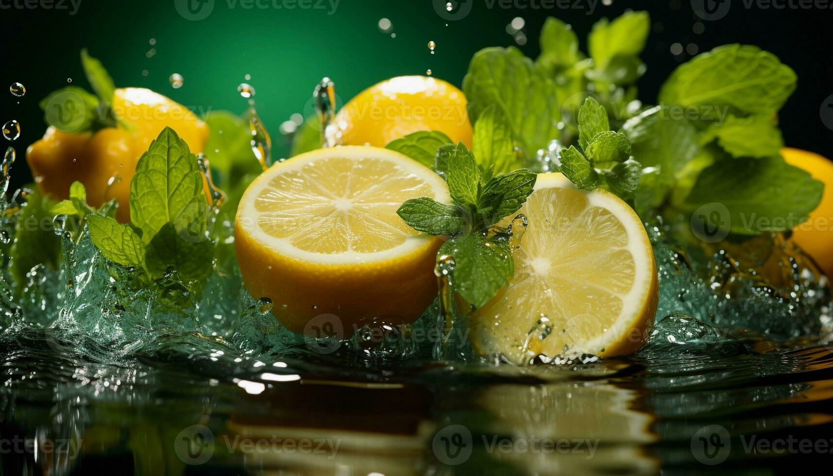 AI generated Lemon with Mint and Water Splash on a Dark Background photo