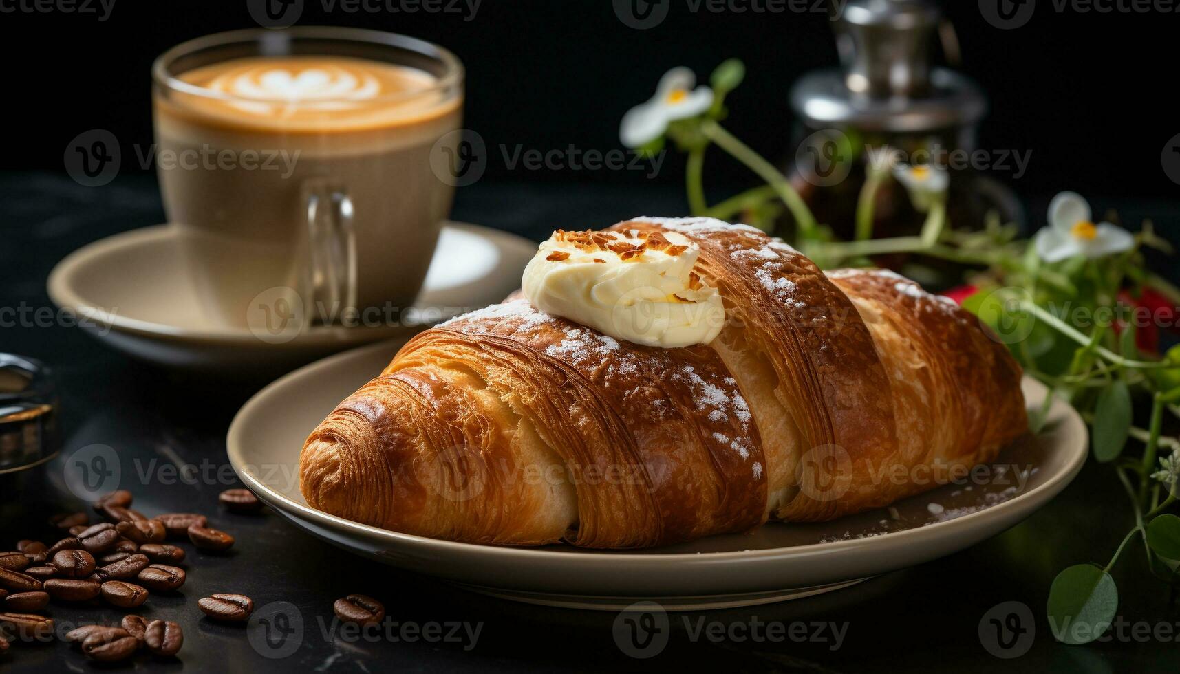 AI generated Coffee and Croissants on a Black Background. photo