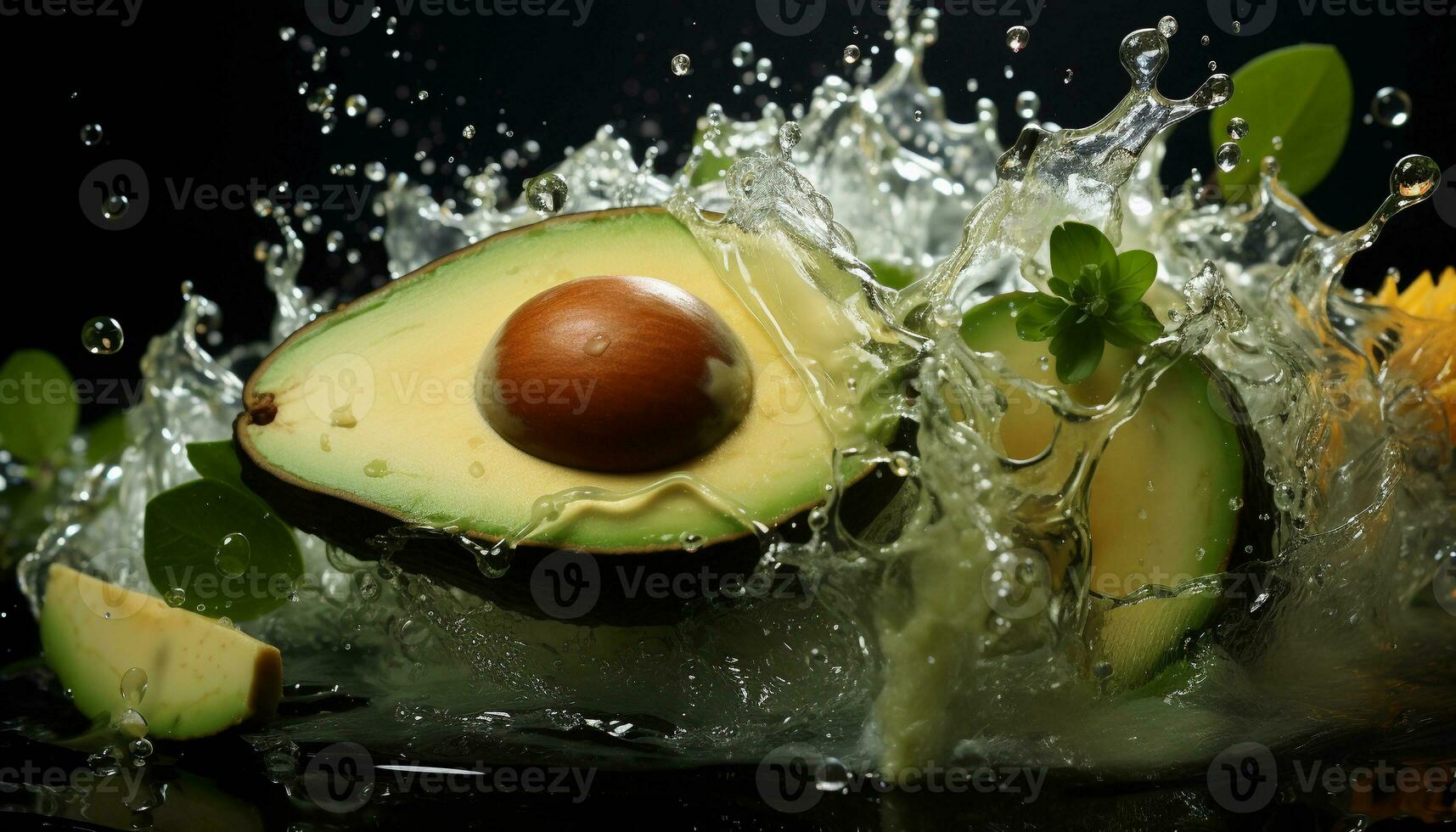 ai generado aguacates con agua chapoteo en un negro antecedentes foto