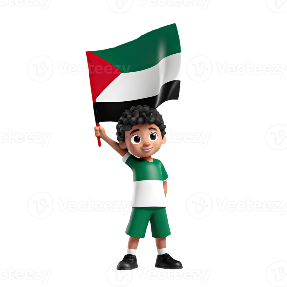 AI generated 3d character of child holding a Palestine flag on isolated transparent background png, generated with AI png