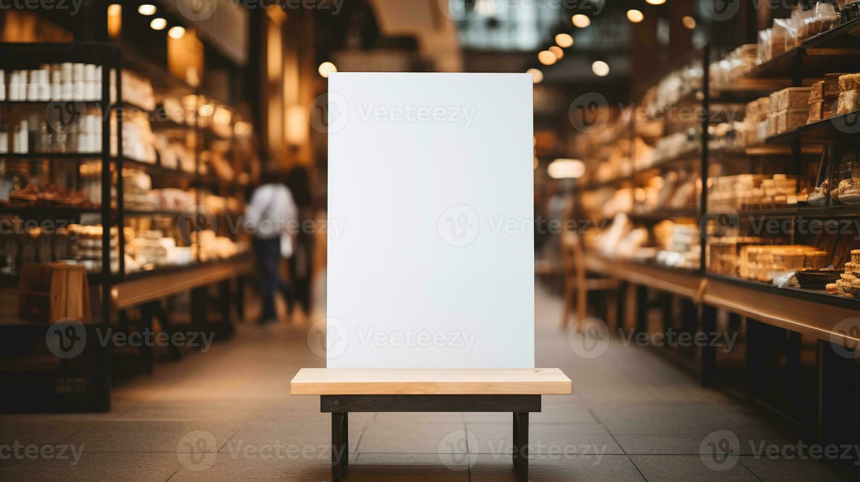 AI generated Generative AI, poster or signboard mock up for logo design, brand presentation on blurred food market background photo