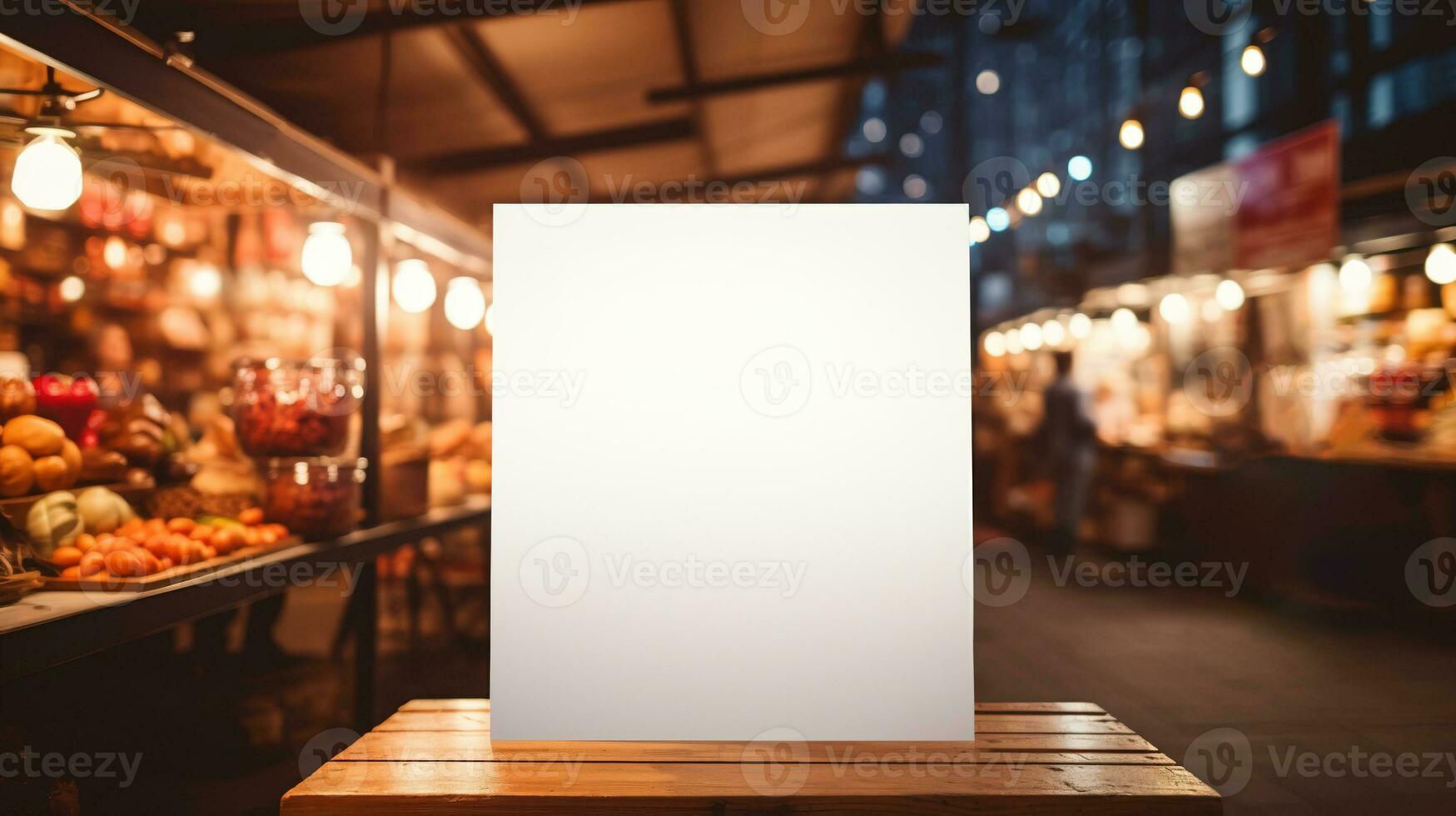 AI generated Generative AI, poster or signboard mock up for logo design, brand presentation on blurred food market background photo