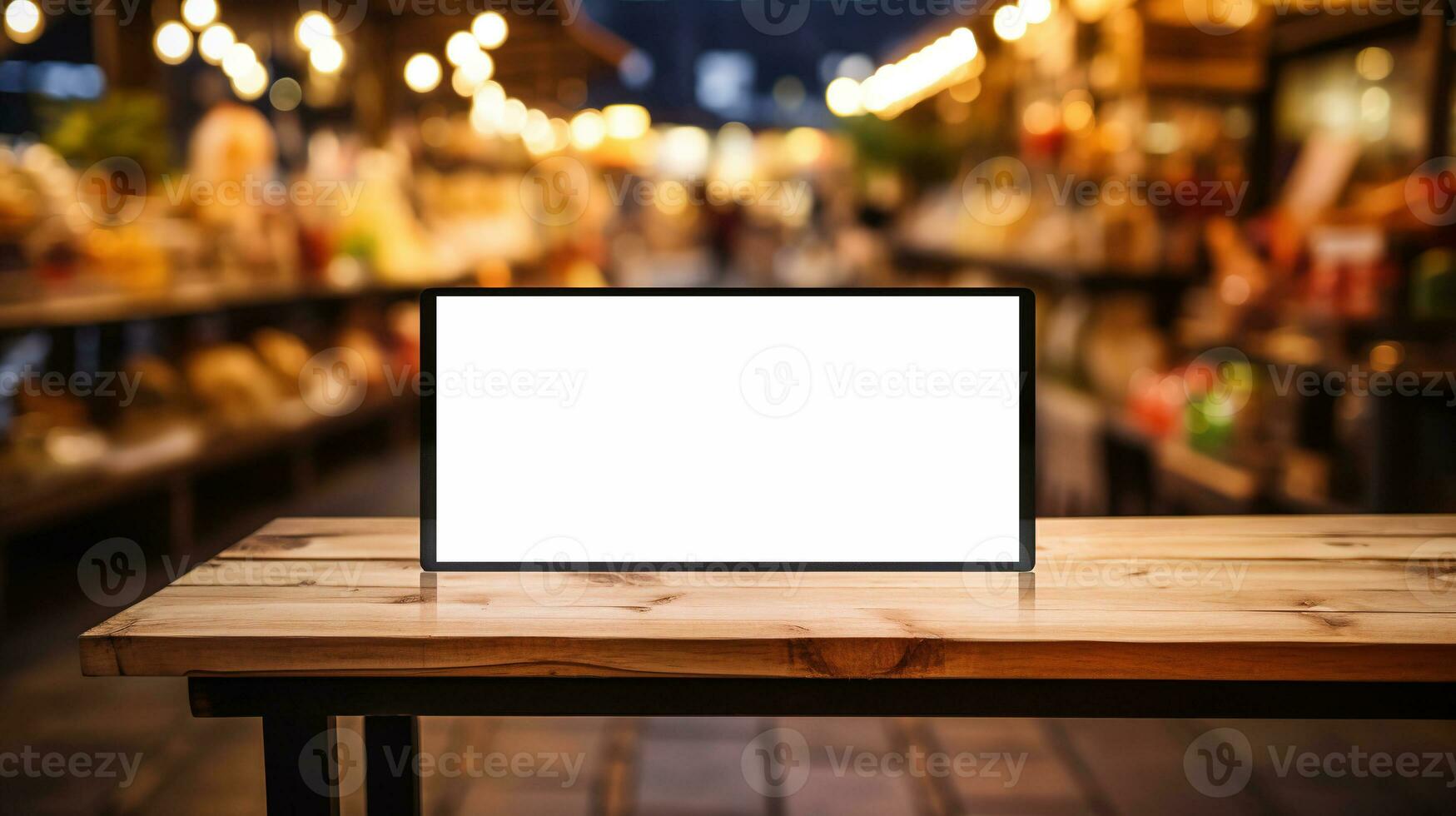 AI generated Generative AI, poster or signboard mock up for logo design, brand presentation on blurred food market background photo