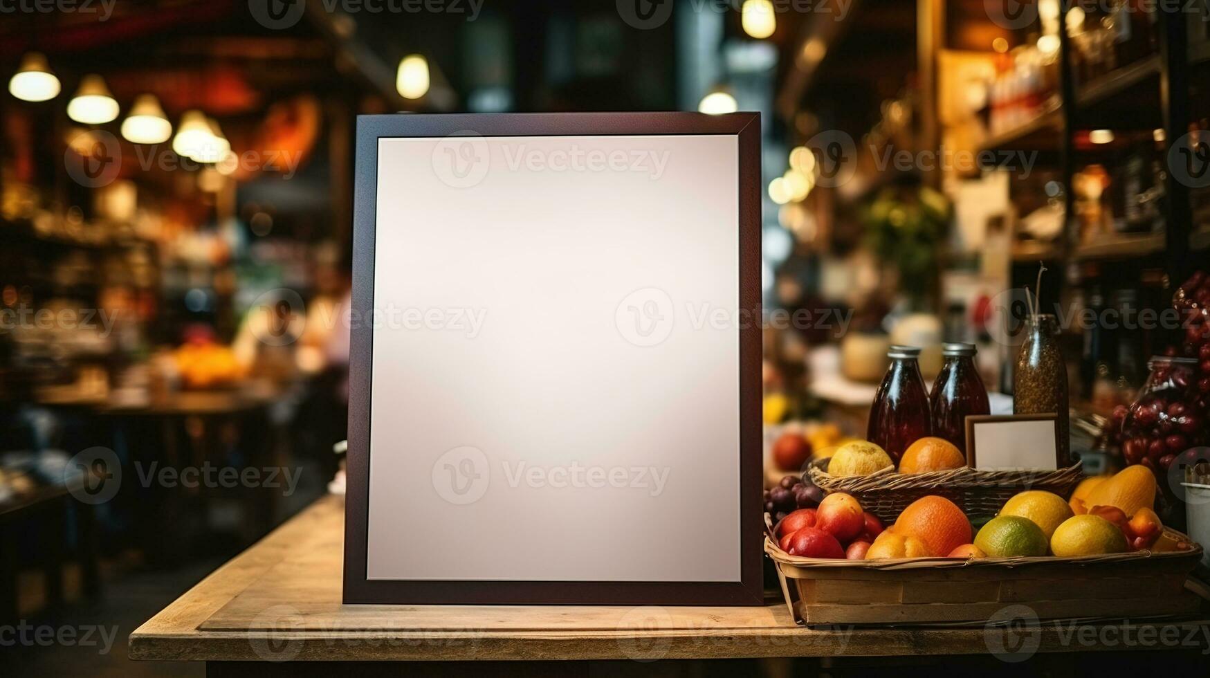 AI generated Generative AI, poster or signboard mock up for logo design, brand presentation on blurred food market background photo