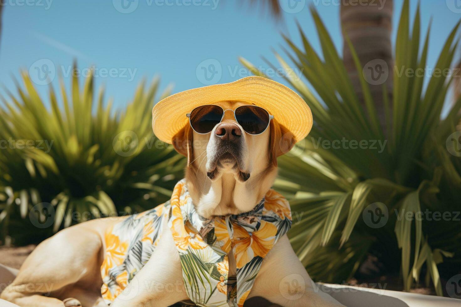 AI generated a dog wearing sunglasses and a floral shirt on the beach photo