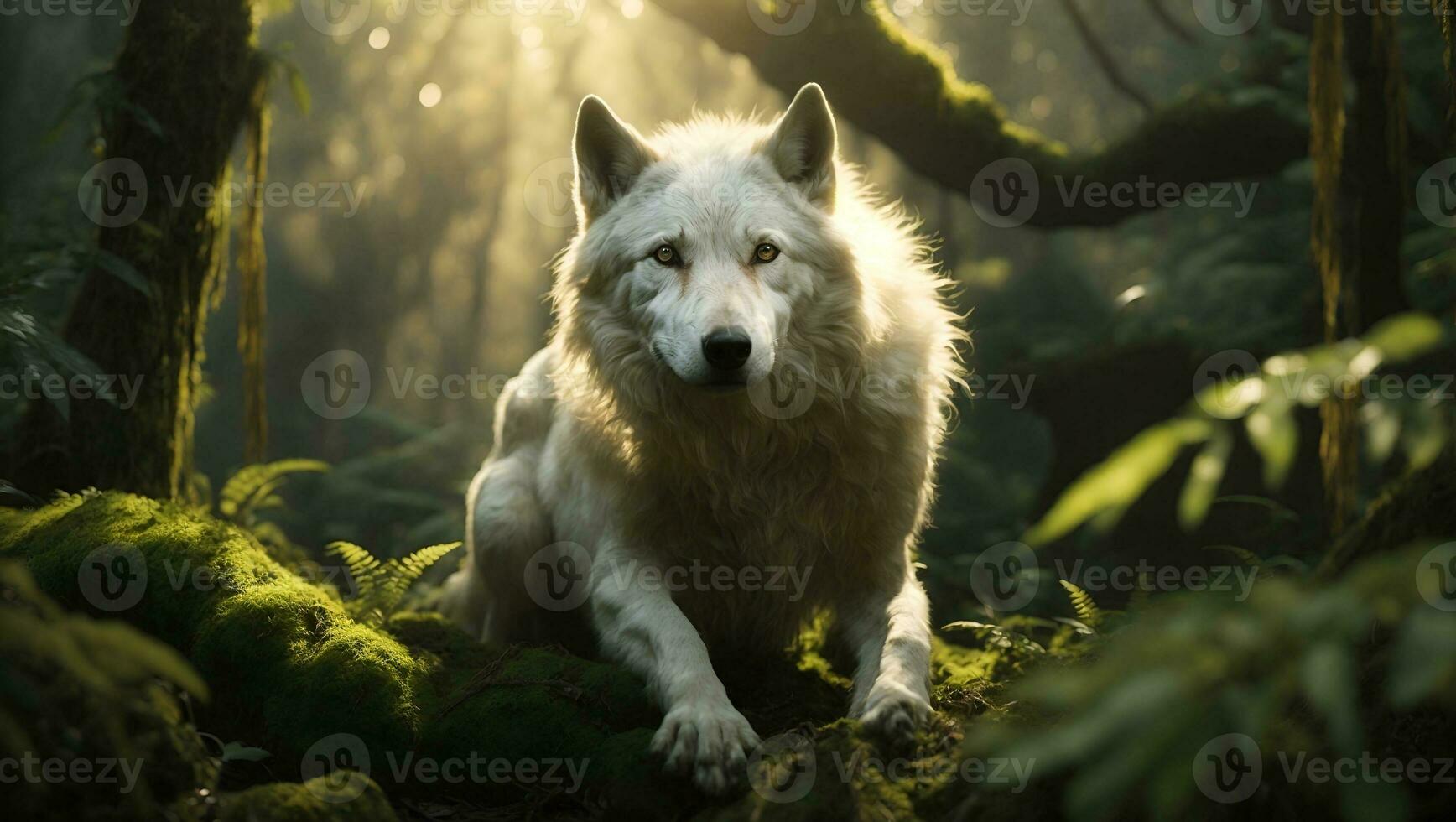 AI generated a white wolf is sitting in the woods photo