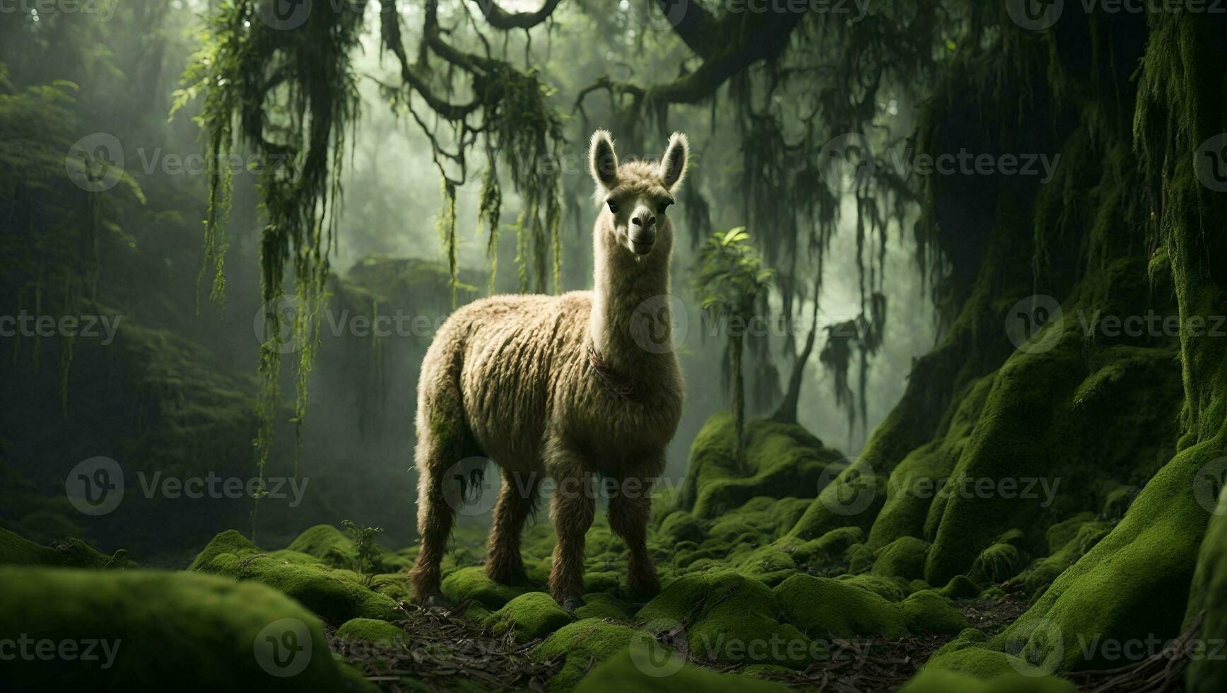 AI generated llama in the mossy jungle photo