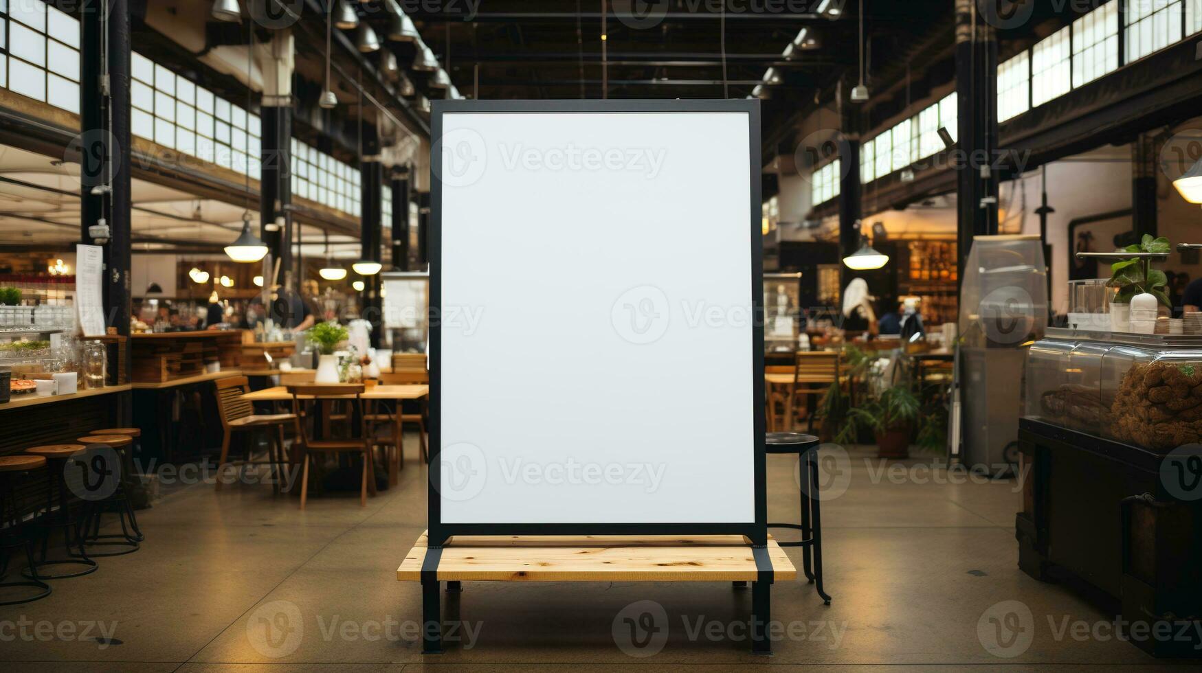 AI generated Generative AI, poster or signboard mock up for logo design, brand presentation on blurred food market background photo