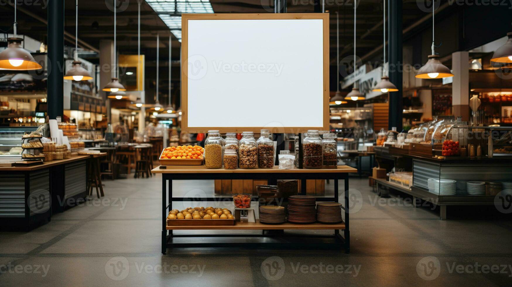 AI generated Generative AI, poster or signboard mock up for logo design, brand presentation on blurred food market background photo