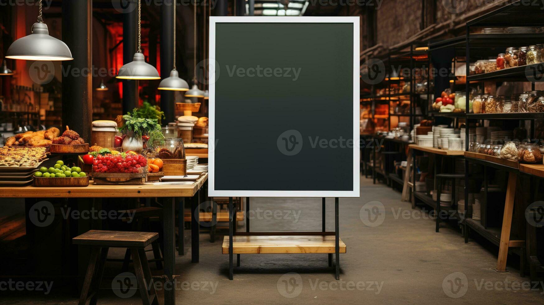 AI generated Generative AI, poster or signboard mock up for logo design, brand presentation on blurred food market background photo