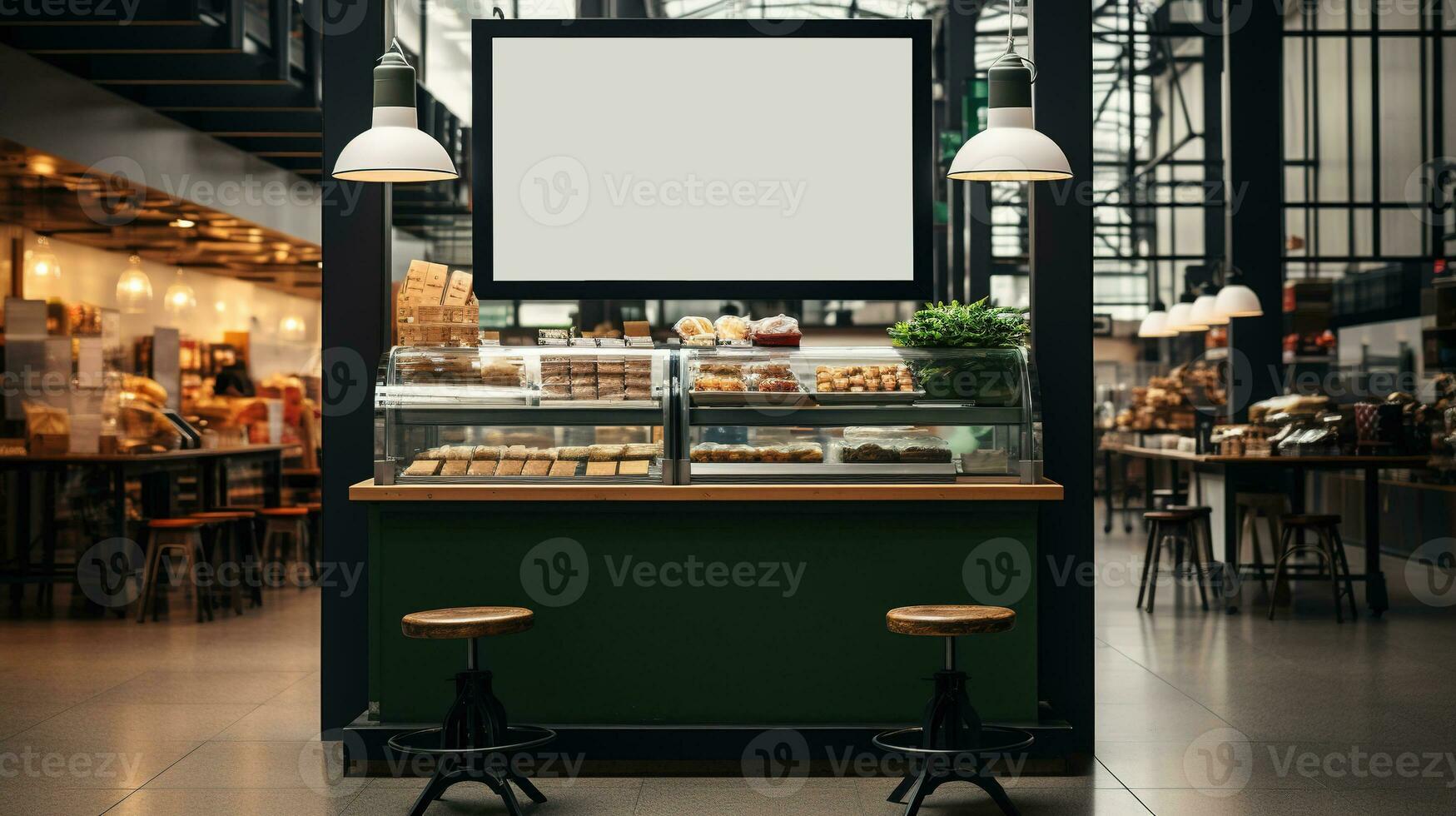 AI generated Generative AI, poster or signboard mock up for logo design, brand presentation on blurred food market background photo