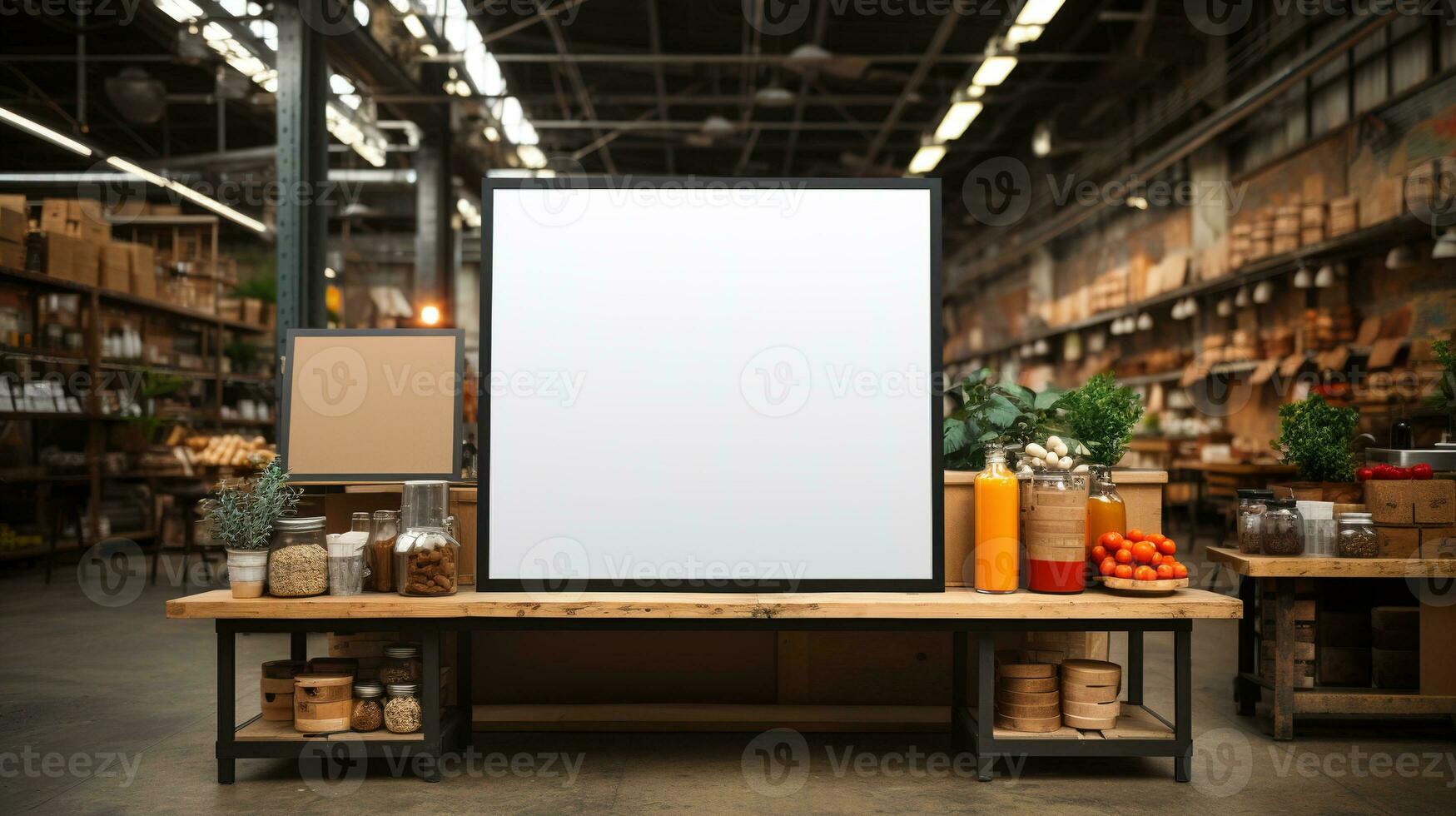 ai generado generativo ai, póster o letrero burlarse de arriba para logo diseño, marca presentación en borroso comida mercado antecedentes foto