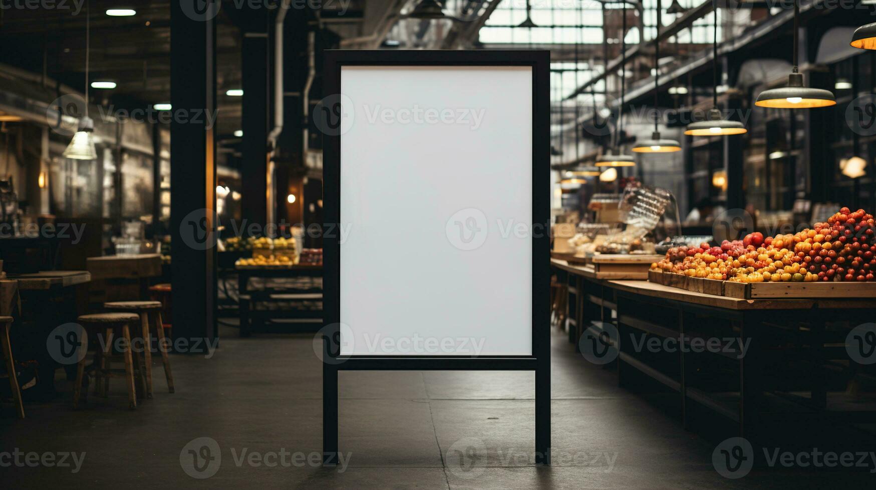 AI generated Generative AI, poster or signboard mock up for logo design, brand presentation on blurred food market background photo