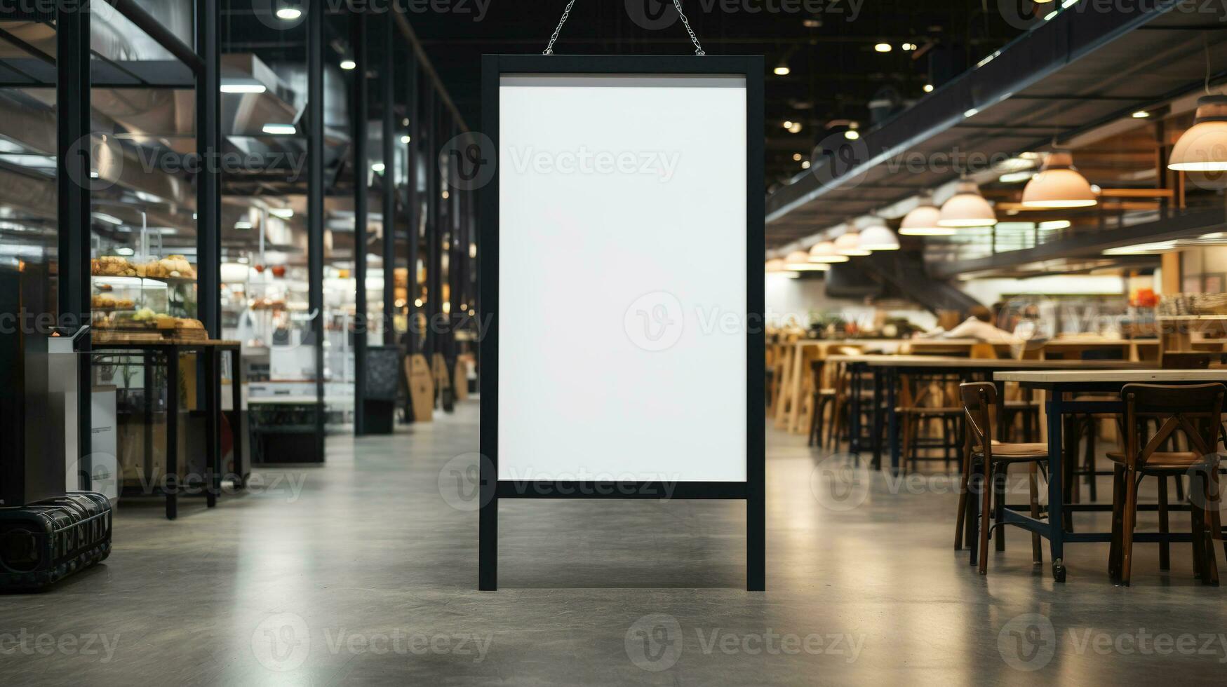 AI generated Generative AI, poster or signboard mock up for logo design, brand presentation on blurred food market background photo