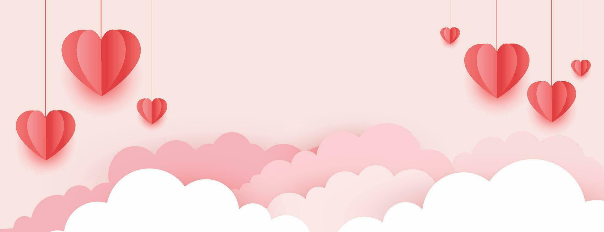 Horizontal banner with pink sky and paper cut clouds. Place for text. Happy Valentine's day sale header or voucher template with hearts. Rose cloudscape border frame pastel colors. vector