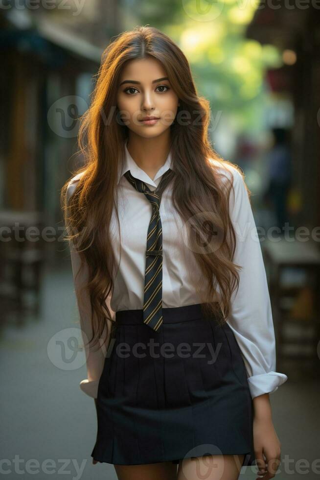 ai generado hermosa indio niña vistiendo colegio uniforme foto