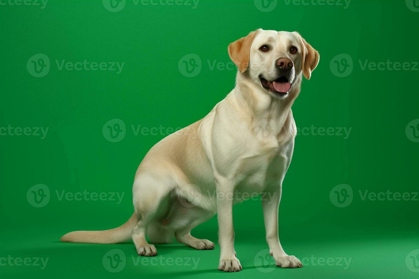 ai generado un Labrador perdiguero perro es en pie en un verde pantalla foto