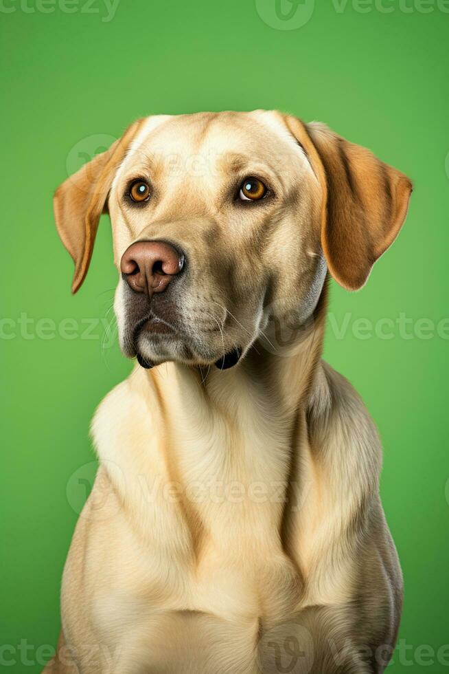 AI generated portrait of labrador retriever dog sitting on a green background, studio photo. photo