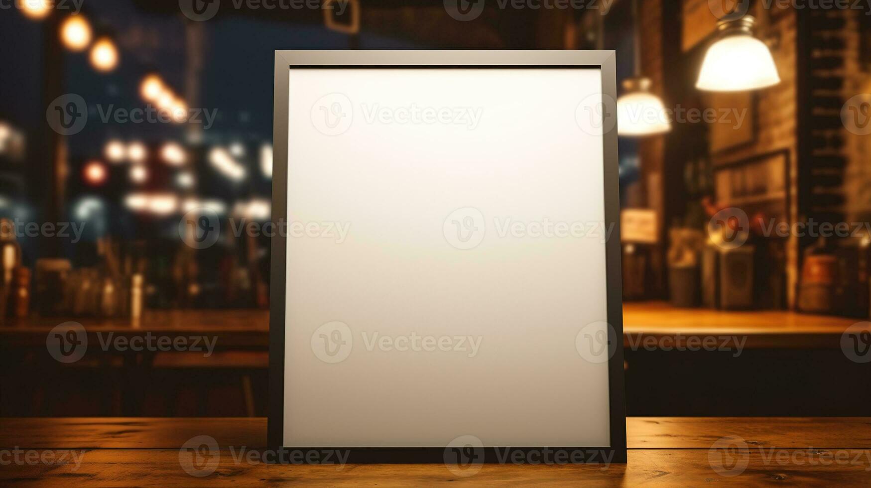 AI generated Generative AI, poster mock up for logo design, brand presentation, aesthetic muted neutral colors, on blurred night bar or restaurant background photo