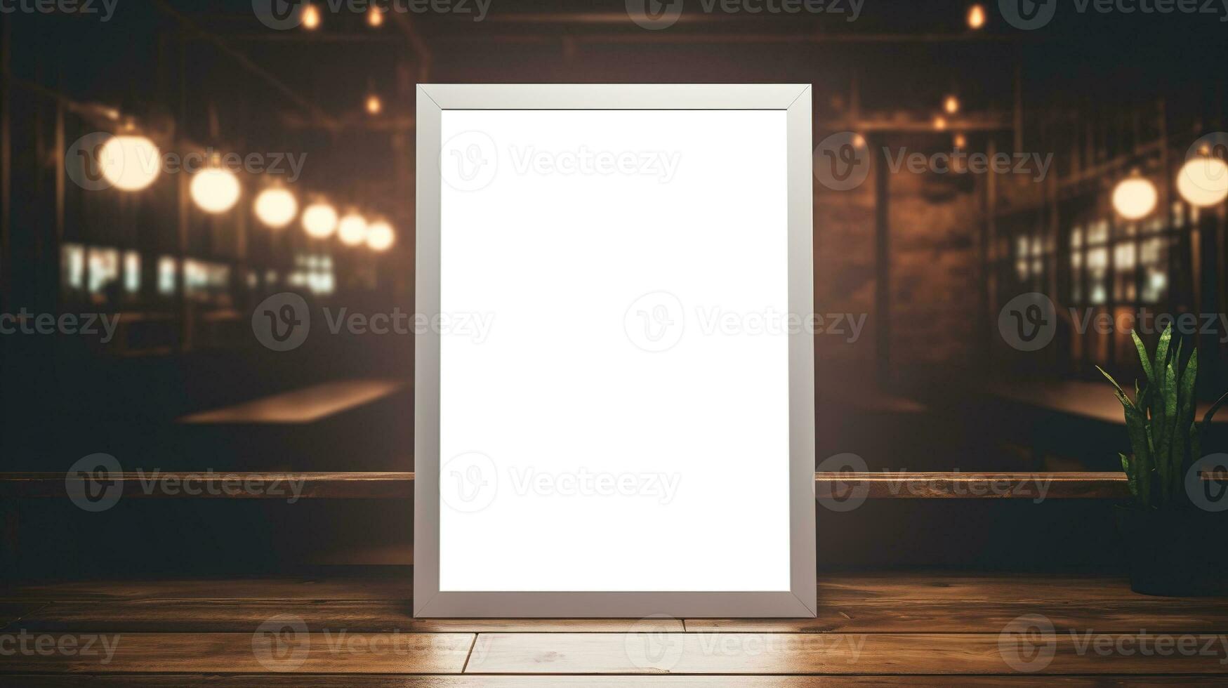 AI generated Generative AI, poster mock up for logo design, brand presentation, aesthetic muted neutral colors, on blurred night bar or restaurant background photo