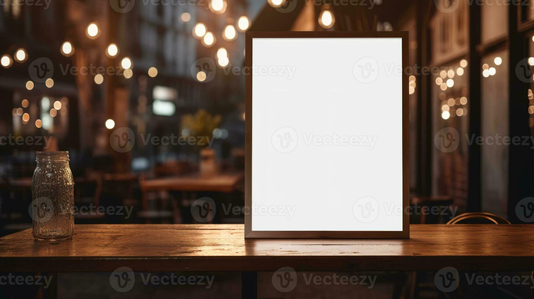 AI generated Generative AI, poster mock up for logo design, brand presentation, aesthetic muted neutral colors, on blurred night bar or restaurant background photo