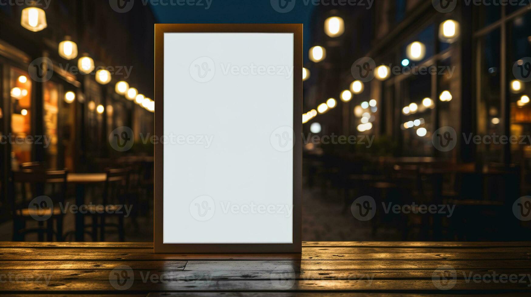 AI generated Generative AI, poster mock up for logo design, brand presentation, aesthetic muted neutral colors, on blurred night bar or restaurant background photo