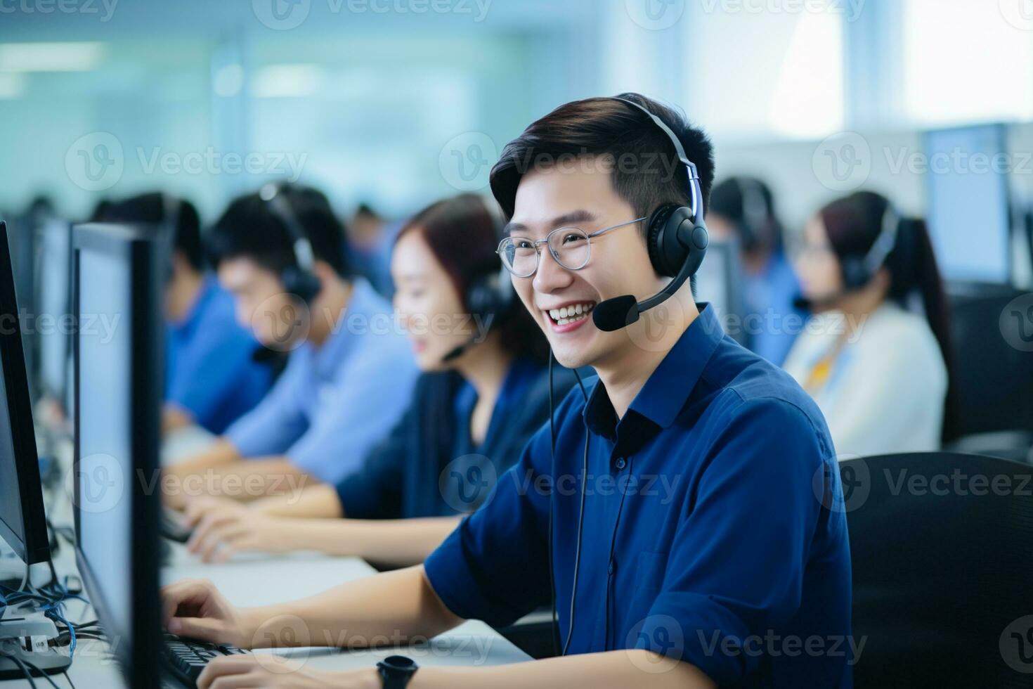 an asian people wearing a headset working in a call center photo