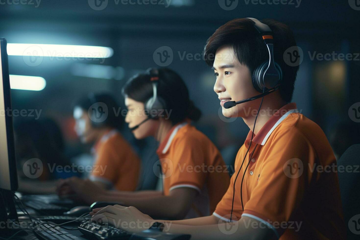 an asian people wearing a headset working in a call center photo