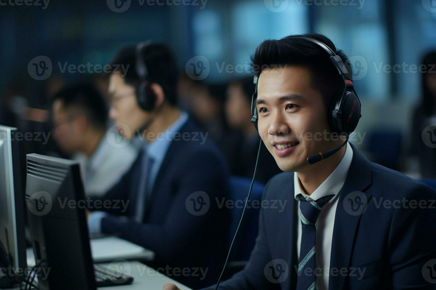 un asiático personas vistiendo un auriculares trabajando en un llamada centrar foto