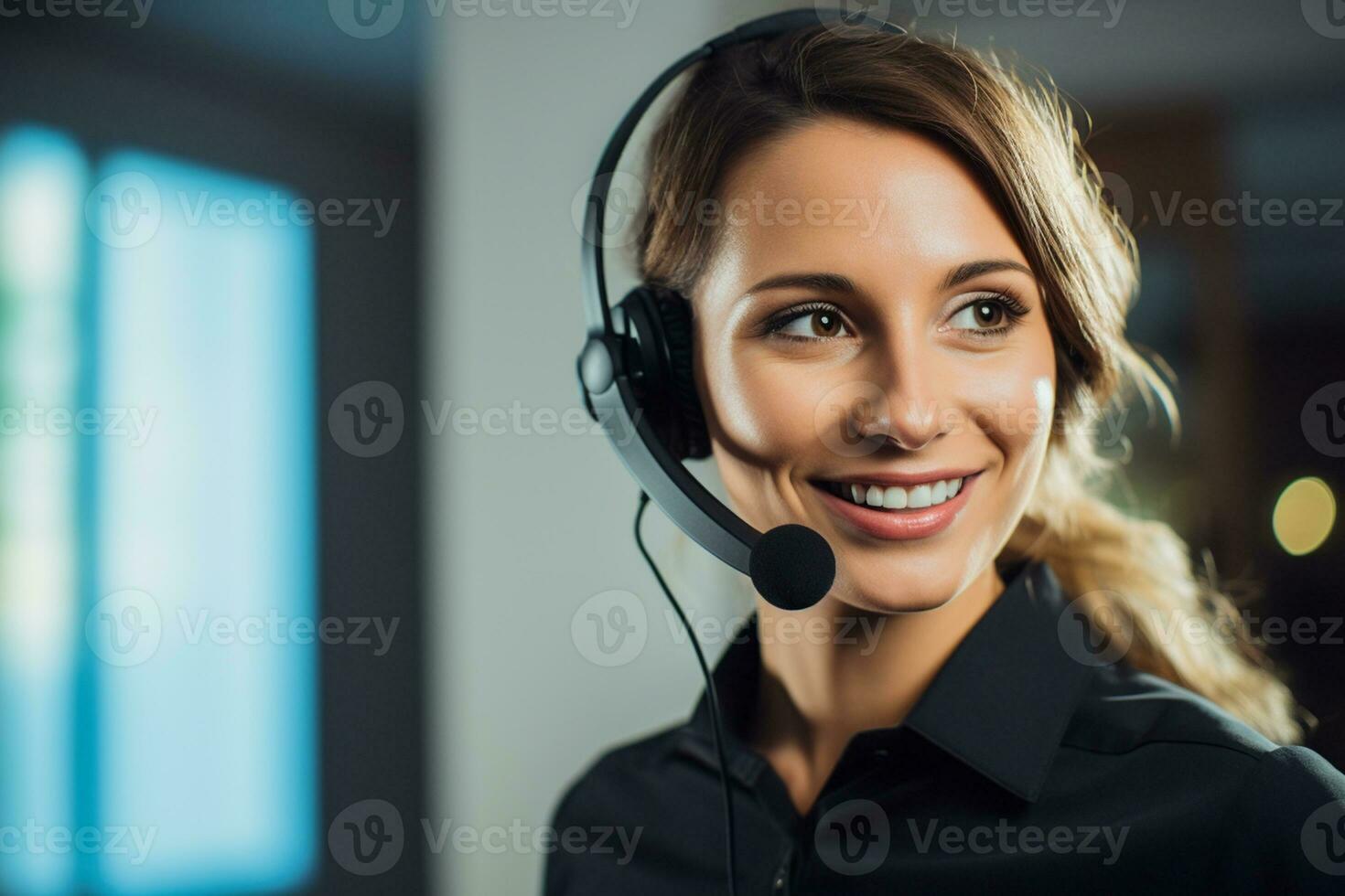 a woman wearing headphones in a call center photo