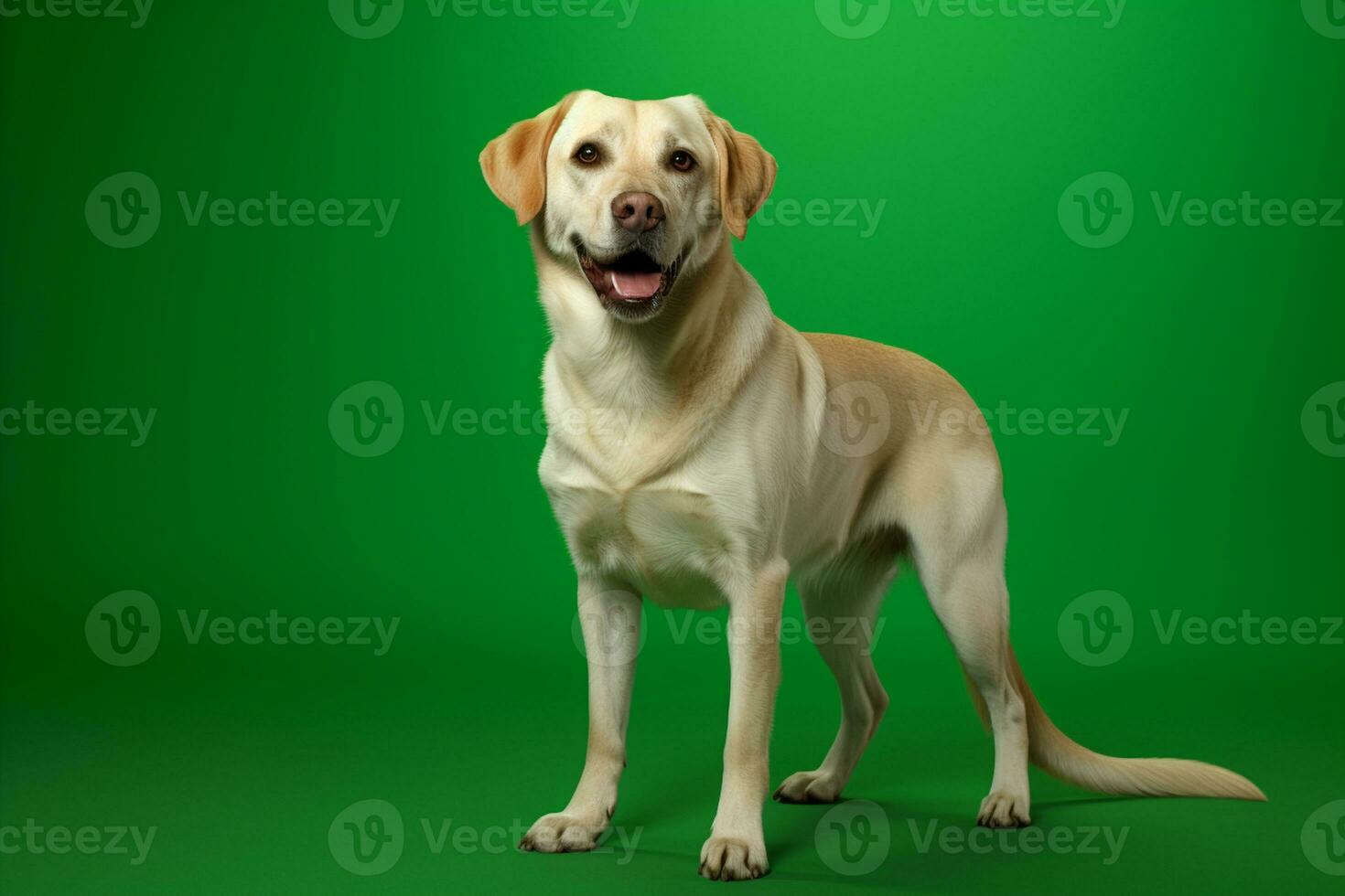 ai generado un Labrador perdiguero perro es en pie en un verde pantalla foto