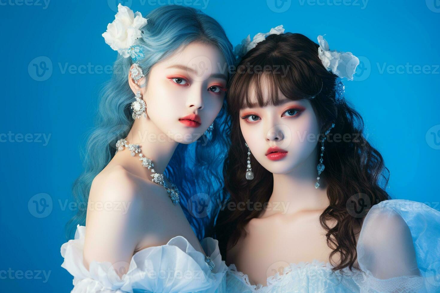 Korean beauty models with make up posing for fairy themed photos