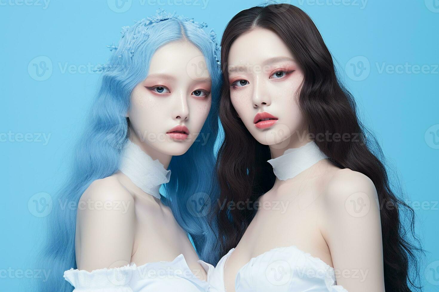 Korean beauty models with make up posing for fairy themed photos