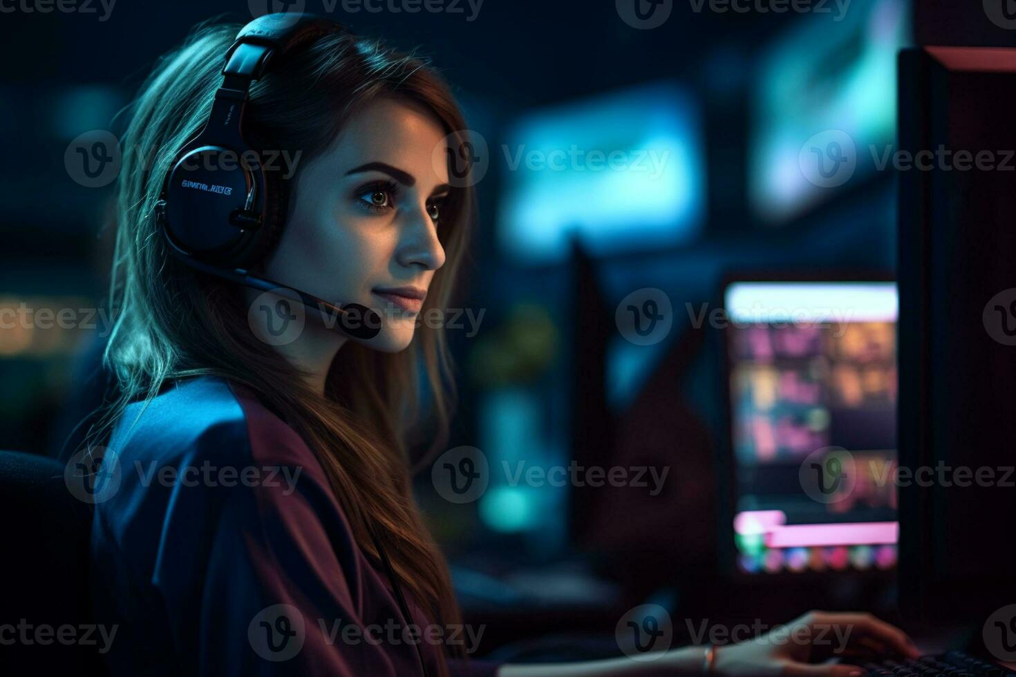 a woman wearing headphones in a call center photo