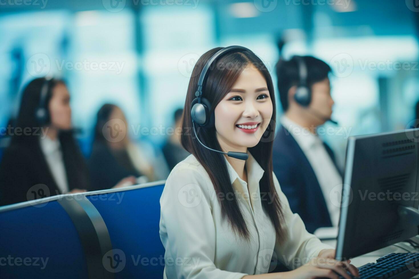 an asian people wearing a headset working in a call center photo